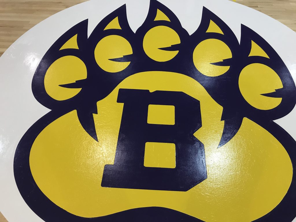 gym floor logo yellow white blue three coloron color foot paw letter mascot basketball court logo painted gym floor logo artworks painting company-owned by a competent artisan craftsman british columbia